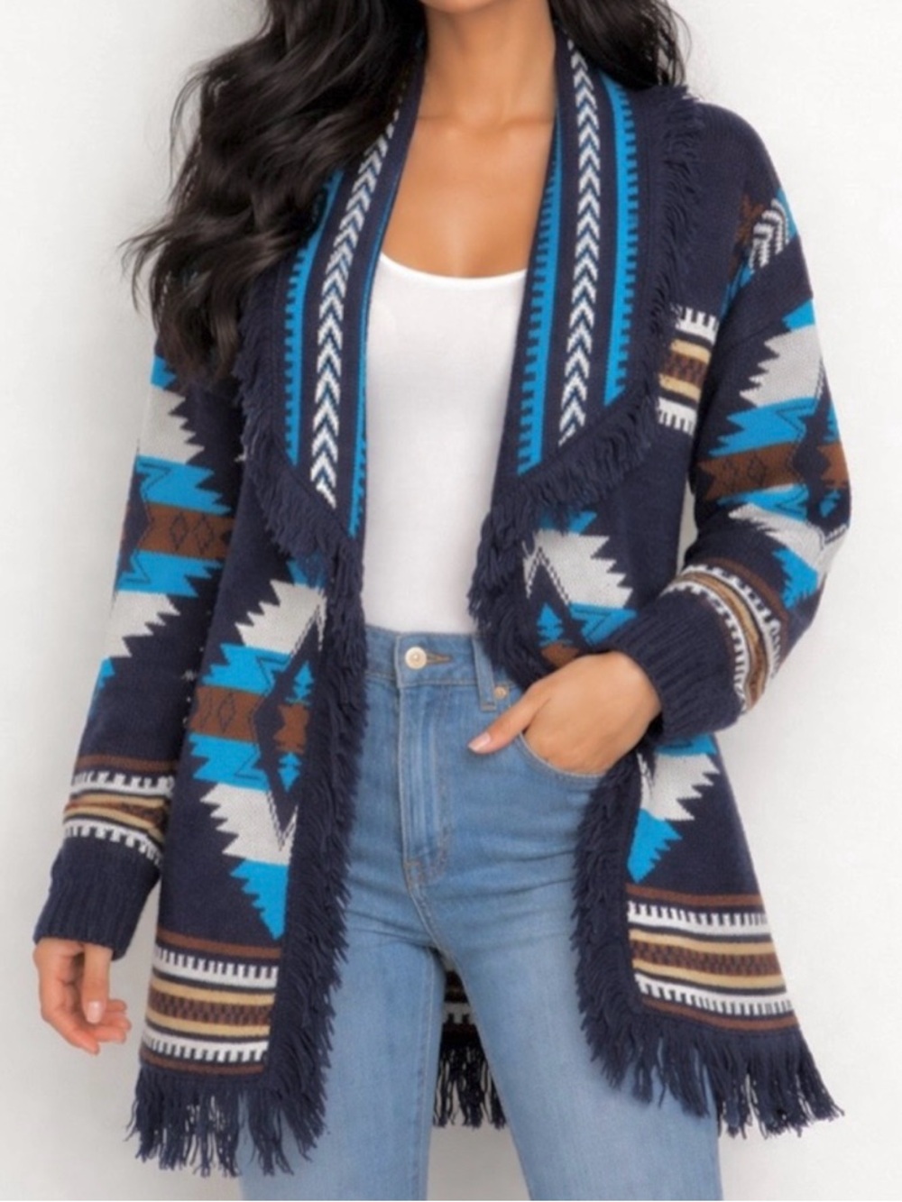 Cocogio Blue Tribal Aztec Wool Blend open Cardigan